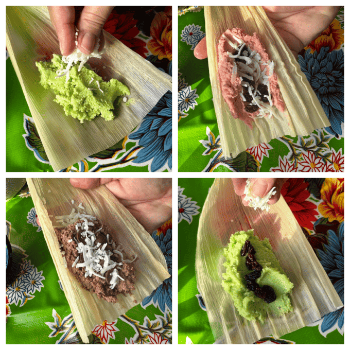 collage of sweet tamales with fillings