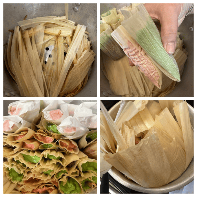 collage of steamer pot with tamales