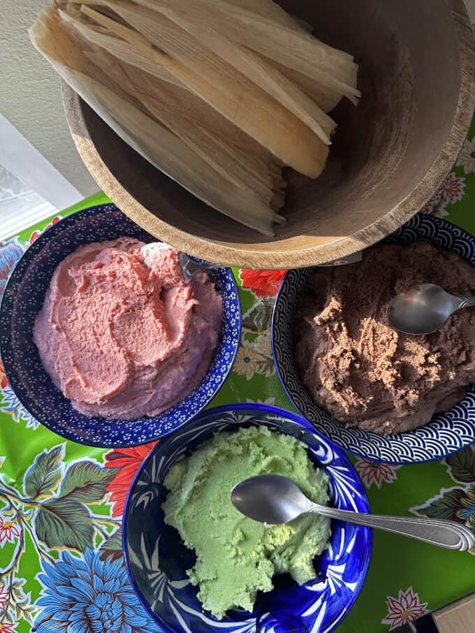 three colored masa for sweet tamales
