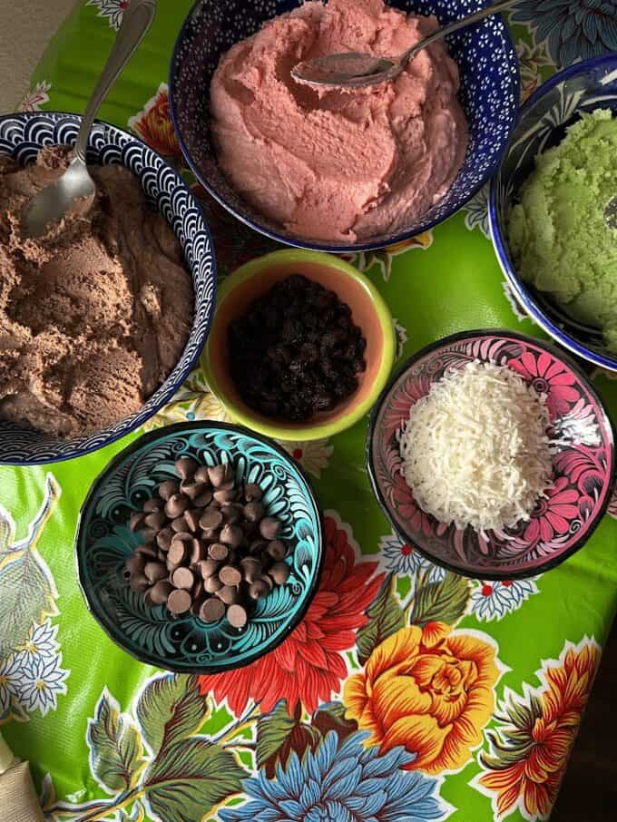 three colored  masa for sweet tamales, raisins, coconut and chocolate chips