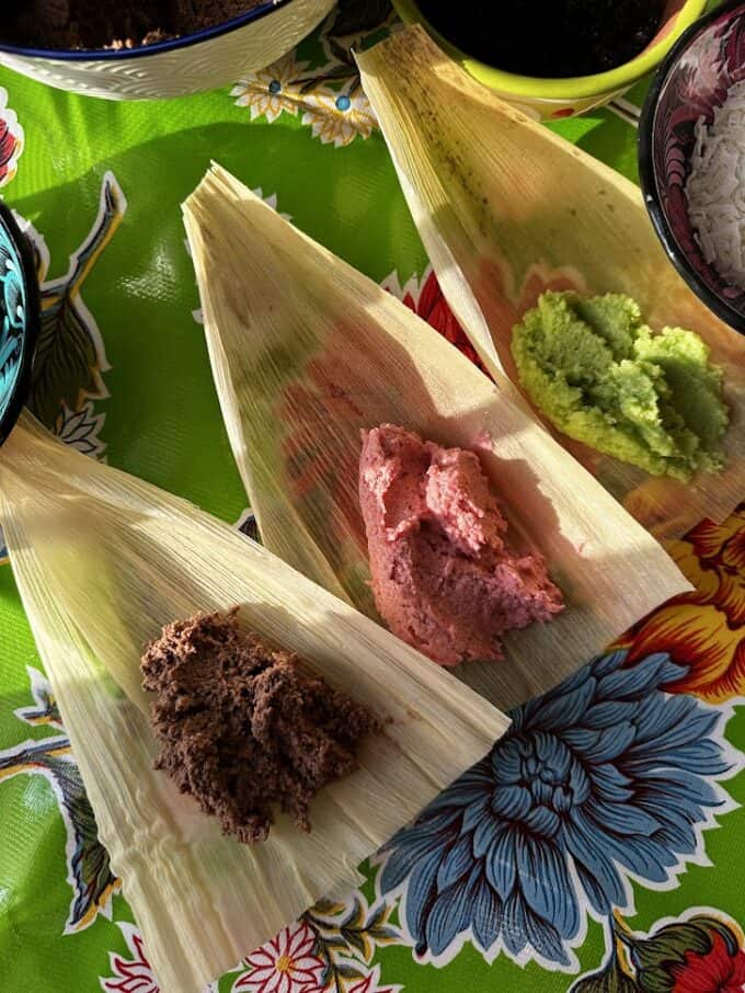 tri colored masa for sweet tamal on cornhusks