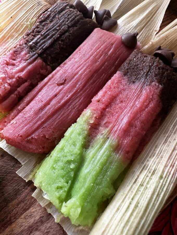 sweet tri colored tamales up close