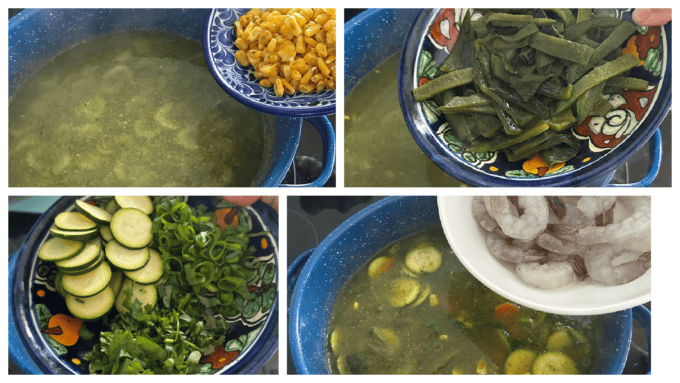 collage of ingredient being added to soup base