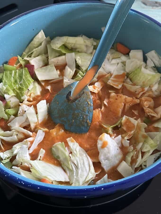adding blended tomato salsa to cabbage soup