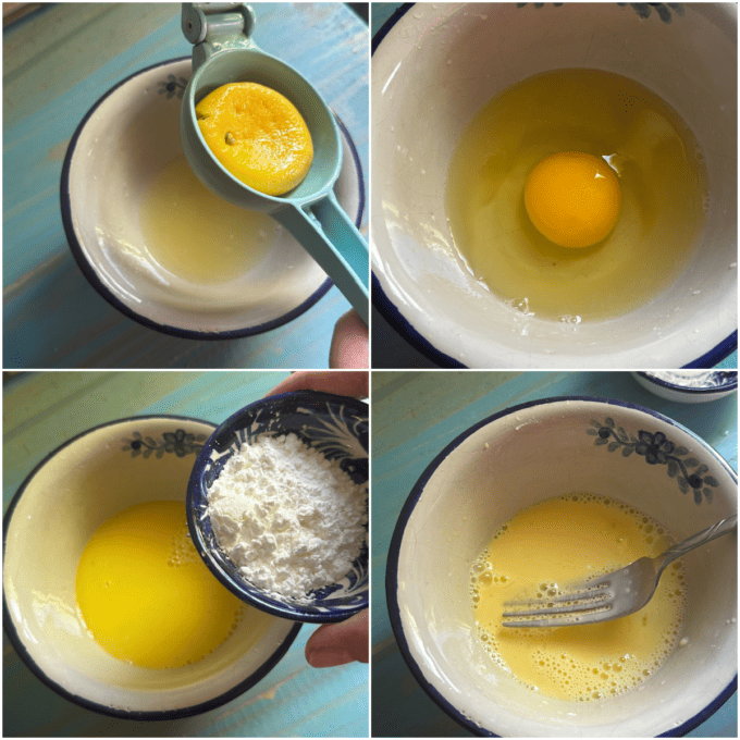 collage of lemon, egg and cornstarch mixture