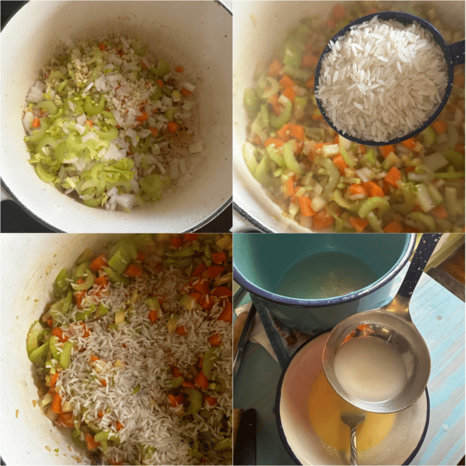 collage of soup base with vegetables and rice
