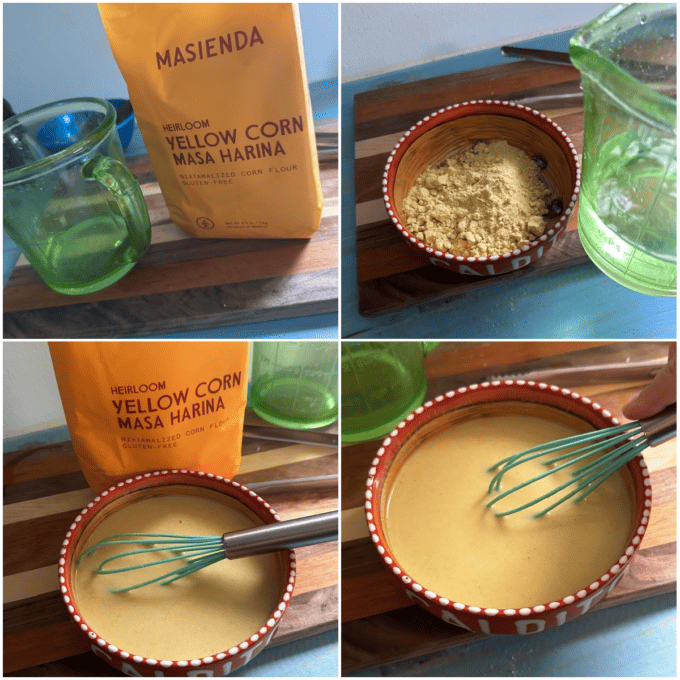 collage of yellow corn masa harina mixed with water to thicken the soup