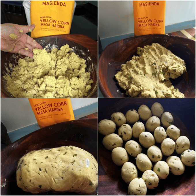 collage of masa harina corn dumplings prep