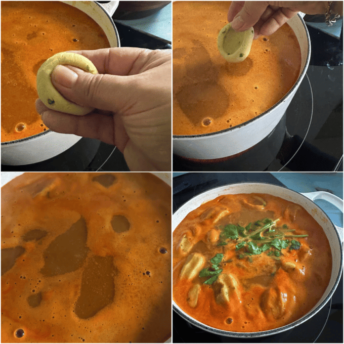 collage of chileatole simmering and adding chochoyotes