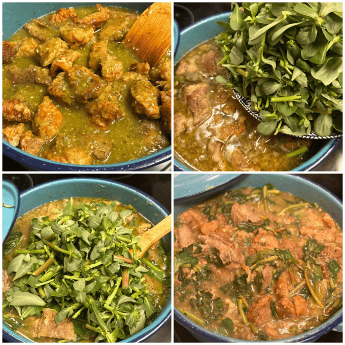 collage of verdolagas with pork cooking