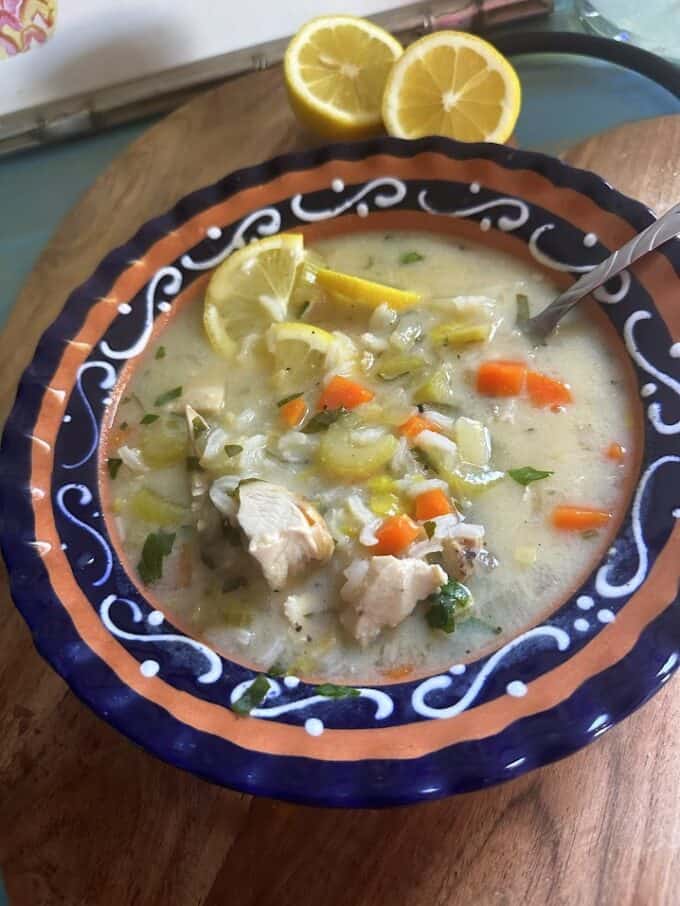 Lemon Chicken Soup with Rice plated in shallow bowl