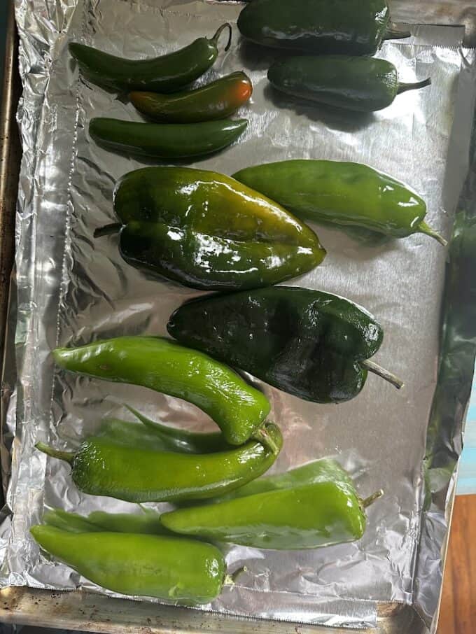 green chiles on baking sheet