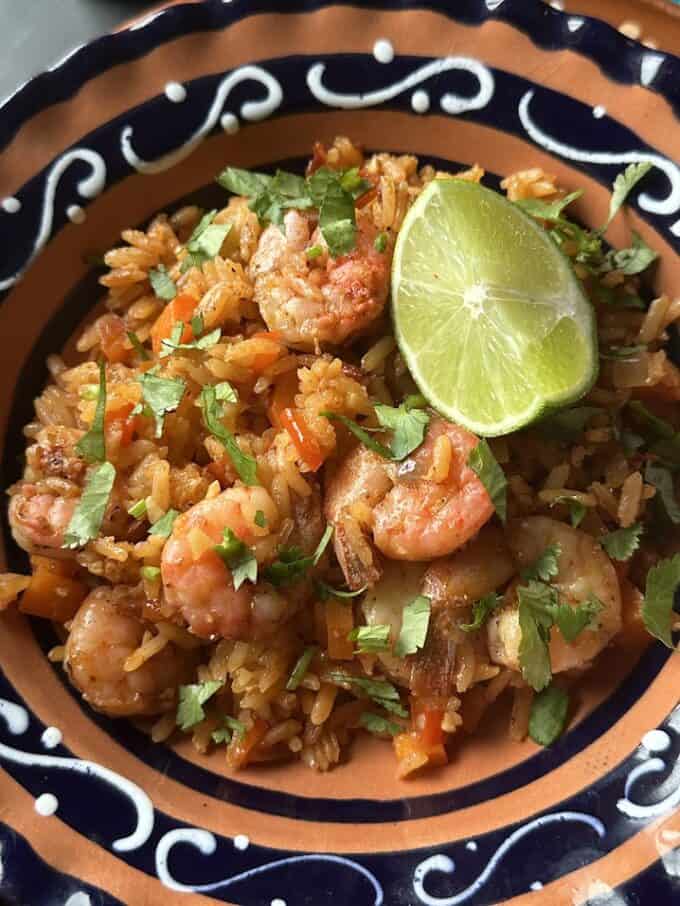 shrimp and rice plate in shallow bowl