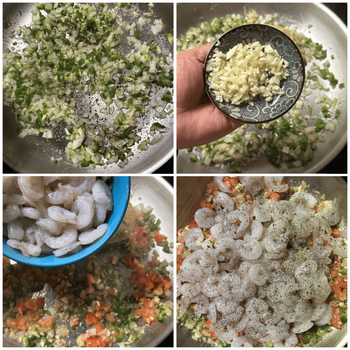collage of shrimp recipe being assembled
