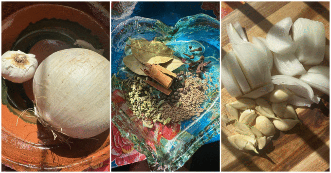 collage of onion, garlic spices