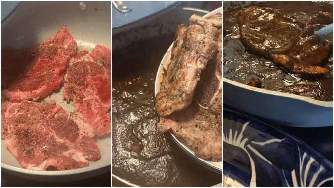 collage of seasoned pork chops going into the salsa