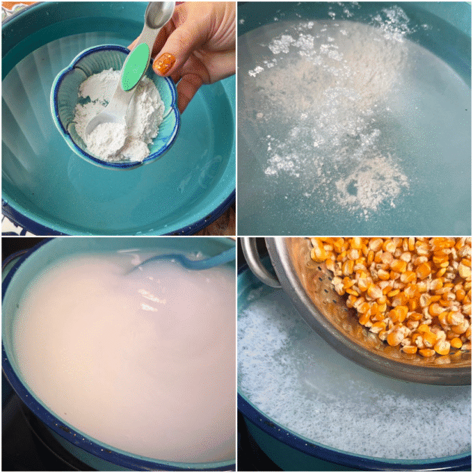 a collage of prepping the water and cal solution to cook the maize 