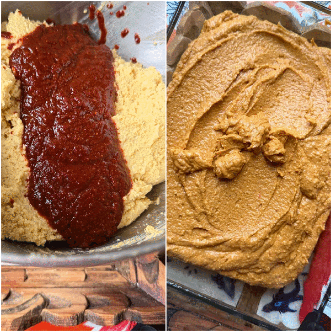 a collage of corn masa with red chile sauce